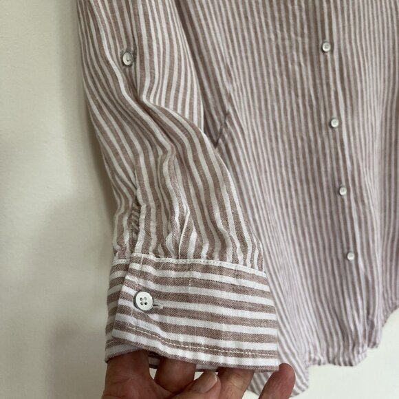 Sigrid Olsen 100% Linen Button Up Tunic Shirt Womens M Tan Striped Lagenlook - Picture 4 of 13